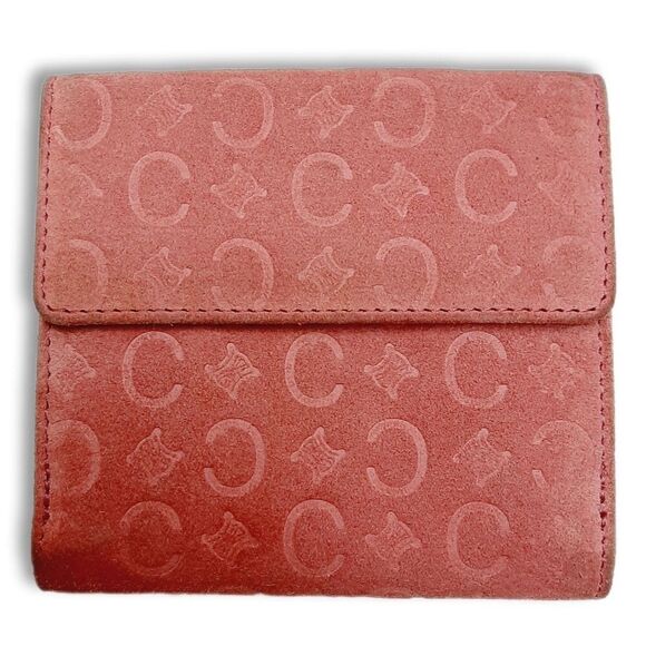 CELINE Vintage C Macadam Logo Pink Genuine Suede Leather Square Triomphe Wallet - Picture 1 of 16
